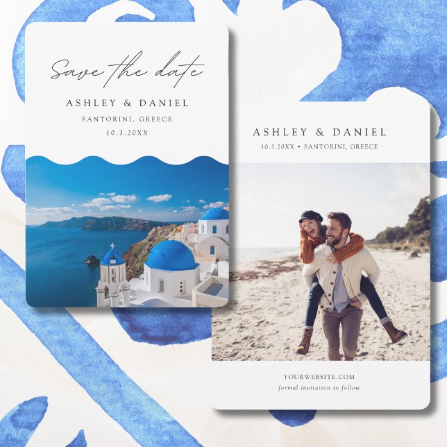 Santorini Wedding Griechenland Save the Date Einladung (Santorini Save the Date with a photo of the ocean and an engagement photo)