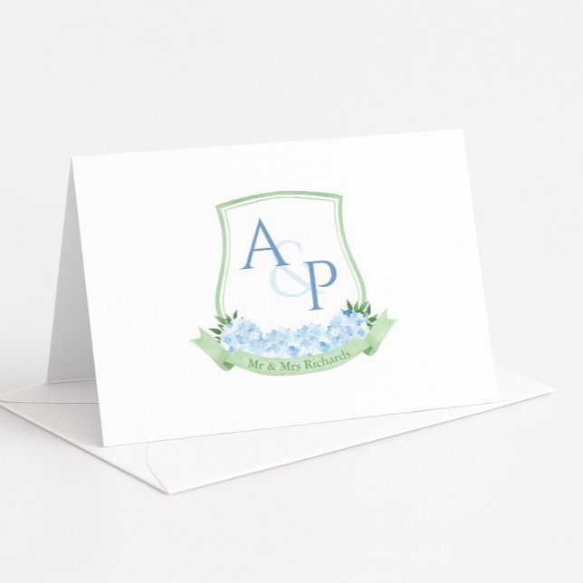 Sap Green Blue Hydrangea Botanical Wedding Wappen Dankeskarte (Watercolor sap green wedding crest with blue hydrangeas and monogram text thank you cards)