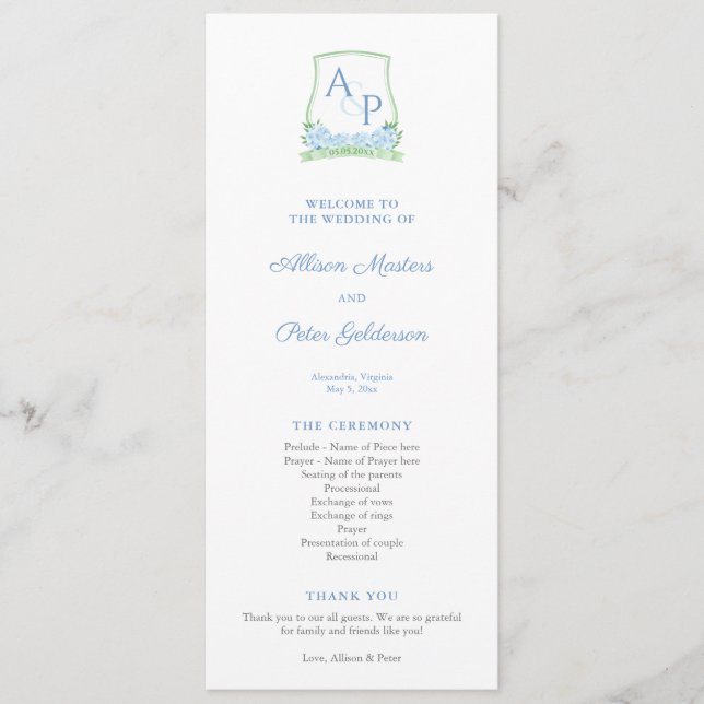 Sap Green Blue Hydrangea Monogram Wedding Program Programm (Vorderseite)