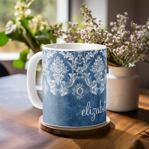 Saphir-blaues Vintages Damast-Muster und Name Tasse