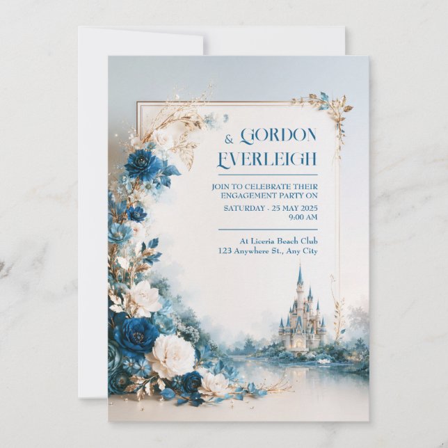 Saphir-Blumen-Schloss-Hochzeit Einladung (Vorderseite)