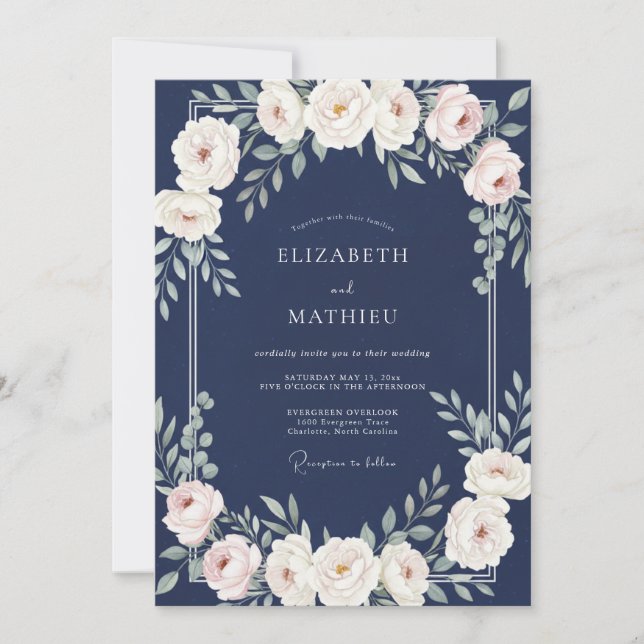 Saphir-Creme-Blatt-Hochzeit Einladung (Vorderseite)