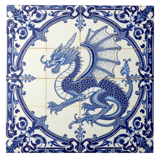 Saphir-Drache-Kachel Fliese (Vorderseite)