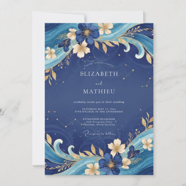 Saphir-Gold bemalte Hochzeit Einladung (Vorderseite)