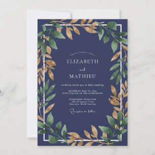 Saphir-Gold-Laub-Eukalyptus-Hochzeit Einladung