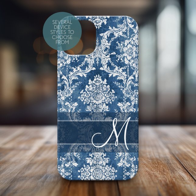 Saphir-Grunge-Damask-Muster mit Monogramm Case-Mate iPhone Hülle (Personalized Phone Case with Monogram)