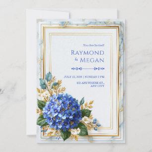 Saphir-Hortensien-Goldfolie-Romantik-Hochzeit Einladung