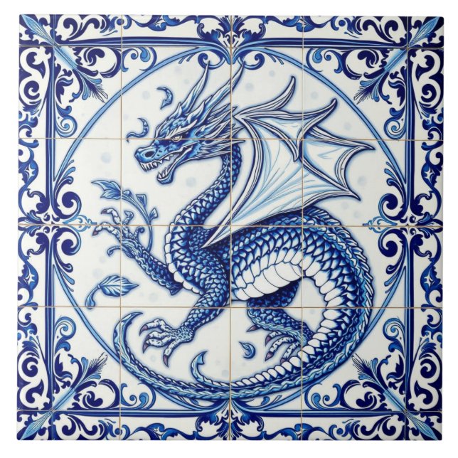 Saphir-Mond-Drache-Kachel Fliese (Vorderseite)