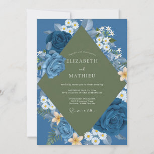 Saphir-Olivgrün-Daisy-Eukalyptus-Hochzeit Einladung