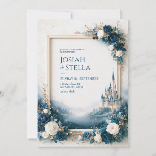 Saphir-Rosen-Schloss-Seelandschaftsrahmen-Hochzeit Einladung