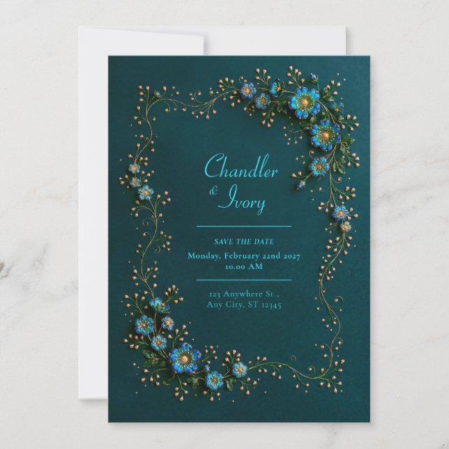 Saphir-Teal-Blumenhochzeit Einladung (Vorderseite)