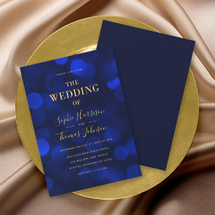 Saphirblaue Bokeh-Lichter Faux-Gold-Hochzeit Einladung
