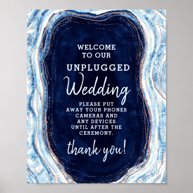 Saphirblauer Geode-Unplugged-Hochzeitstisch-Schild Poster (Vorne)