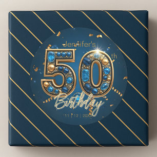 Saphirblauer und goldener 50. Geburtstag mit Juwel Runder Aufkleber