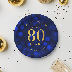 Saphirblaues Bokeh Cheers auf 80 Jahre Geburtstag Pappteller