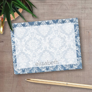 Saphirblaues Vintage-Damaskusmuster und Name Post-it Klebezettel