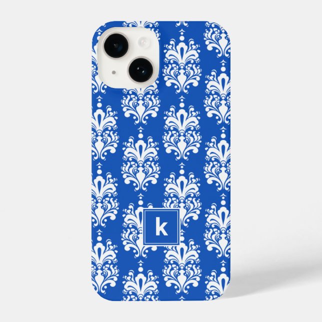Saphire Blue Damask Muster Monogram iPhone Hülle (Rückseite)