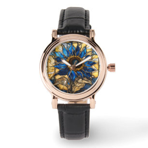 Saphire Blue N Gold gefestigte Glasblässe Sonnenbl Armbanduhr