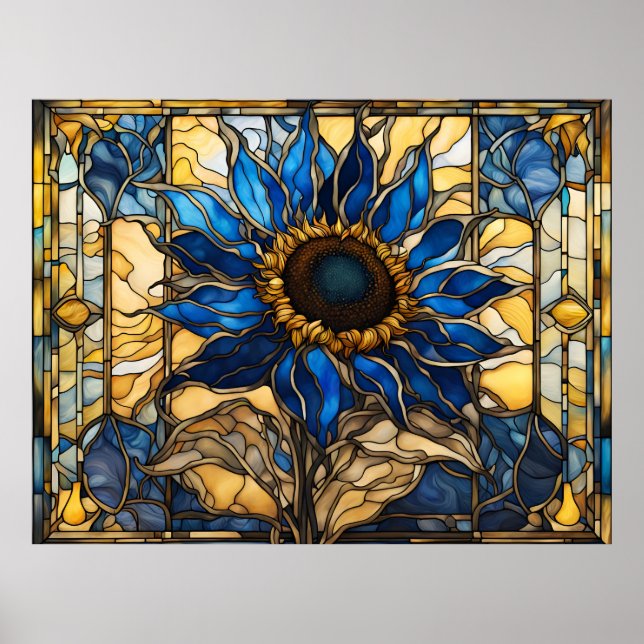 Saphire Blue N Gold gefestigte Glasblässe Sonnenbl Poster (Vorne)