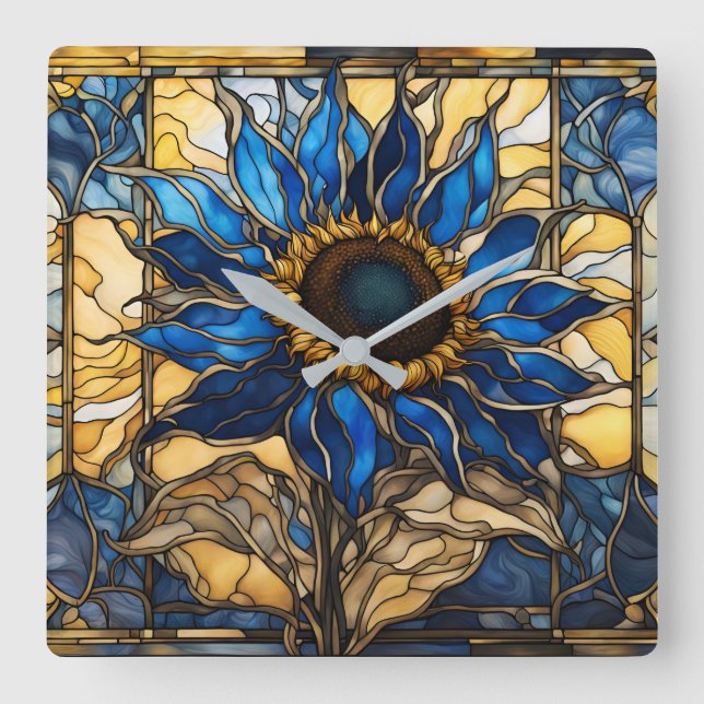 Saphire Blue N Gold gefestigte Glasblässe Sonnenbl Quadratische Wanduhr (Vorderseite)