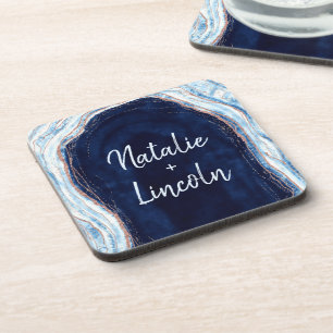 Saphire Blue Rose Gold Geode Wedding Monogram Getränkeuntersetzer