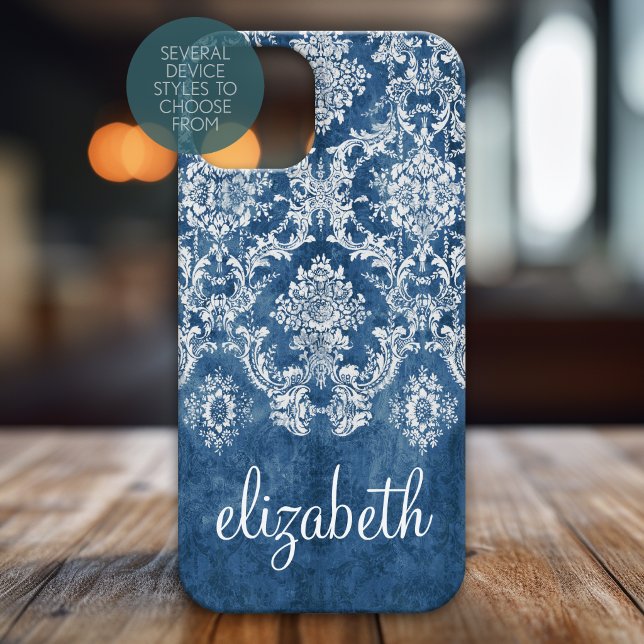 Saphire Blue Vintag Damask Muster und Name Case-Mate iPhone Hülle (Personalized Phone Case)