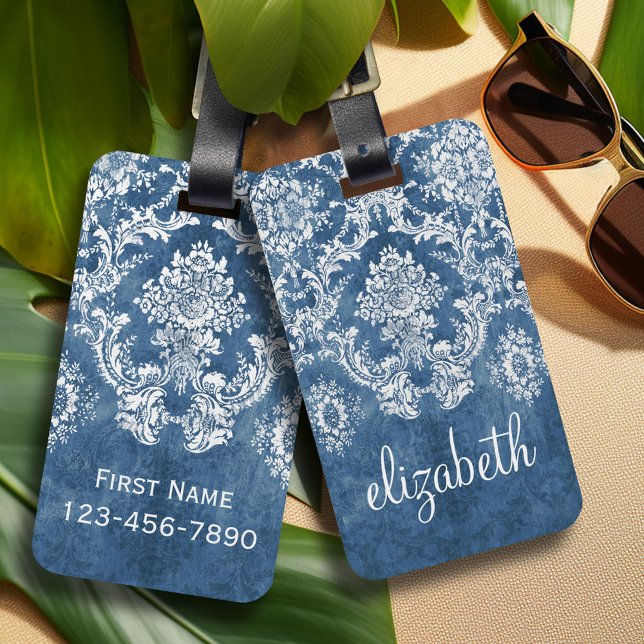 Saphire Blue Vintag Damask Muster und Name Gepäckanhänger (Personalized Luggage Tag)
