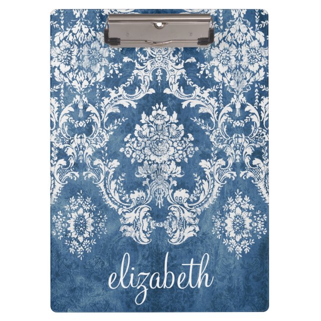 Saphire Blue Vintag Damask Muster und Name Klemmbrett (Vorderseite)