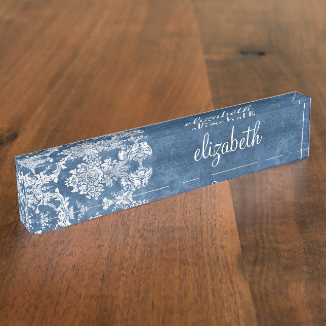 Saphire Blue Vintag Damask Muster und Name Namensplakette (Seite)