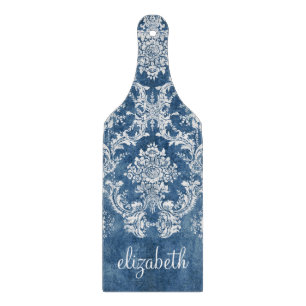 Saphire Blue Vintag Damask Muster und Name Schneidebrett
