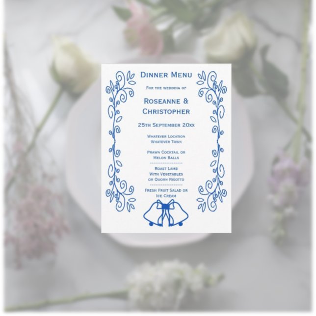 Saphire Wedding Menu Card Glocken Scrollwork Menükarte (Sapphire wedding menu card bells and scrollwork design)