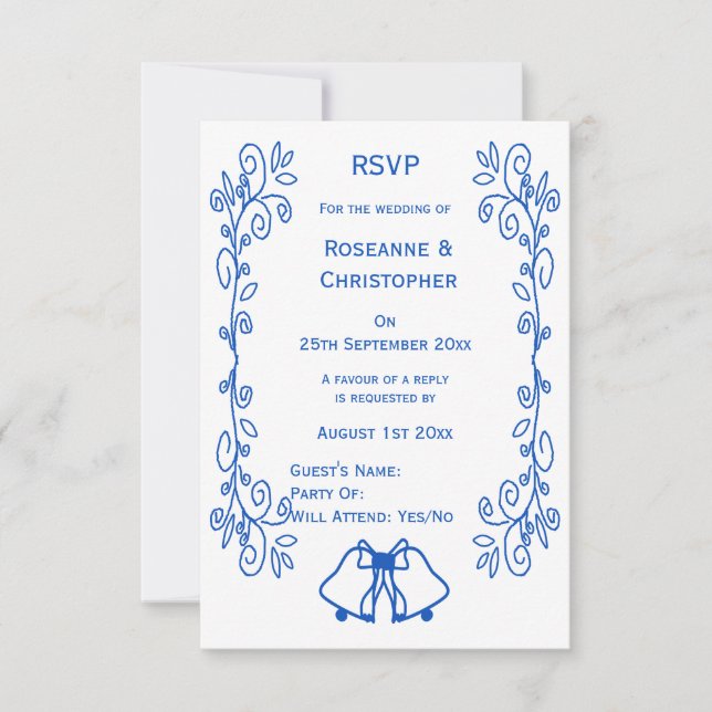 Saphire Wedding RSVP Card Bells Scrollwork (Vorderseite)