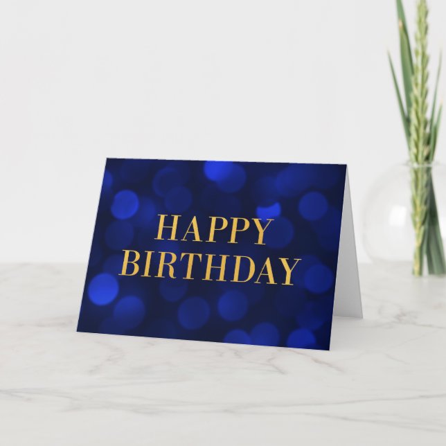 Sapphire Blue Bokeh Lights Gold Happy Birthday Karte (Vorderseite)