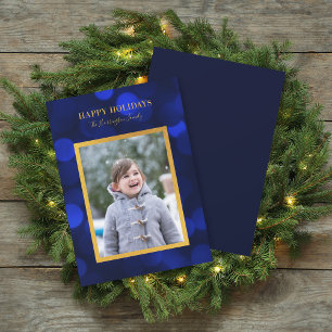 Sapphire Blue Bokeh Lights Gold Happy Holidays Feiertagskarte