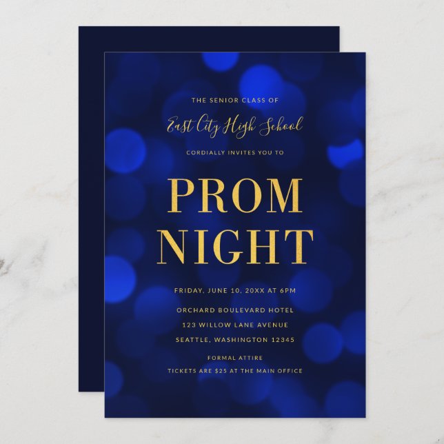 Sapphire Blue Bokeh Lights Gold High School Prom Einladung (Vorne/Hinten)