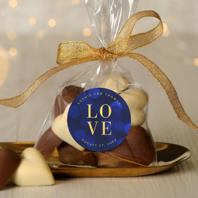 Sapphire Blue Bokeh Lights Imitate Gold Liebe Runder Aufkleber (Von Creator hochgeladen)