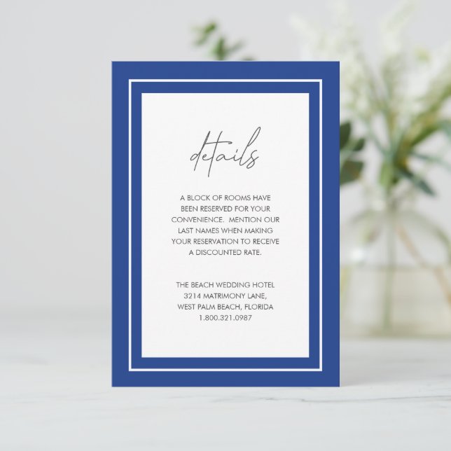Sapphire Blue Bold Border Moderne Hochzeit Begleitkarte (Stehend Vorderseite)