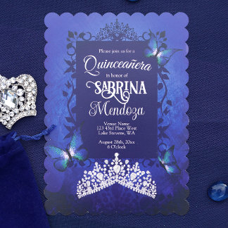 Sapphire Blue, Diamond Tiara Butterfly Quinceanera Einladung