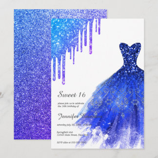 Sapphire Blue Dress Glitzer Tropfens 16 . Geburtst Einladung