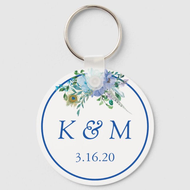 Sapphire Blue Floral Monogram Gastgeschenk Hochzei Schlüsselanhänger (Vorderseite)