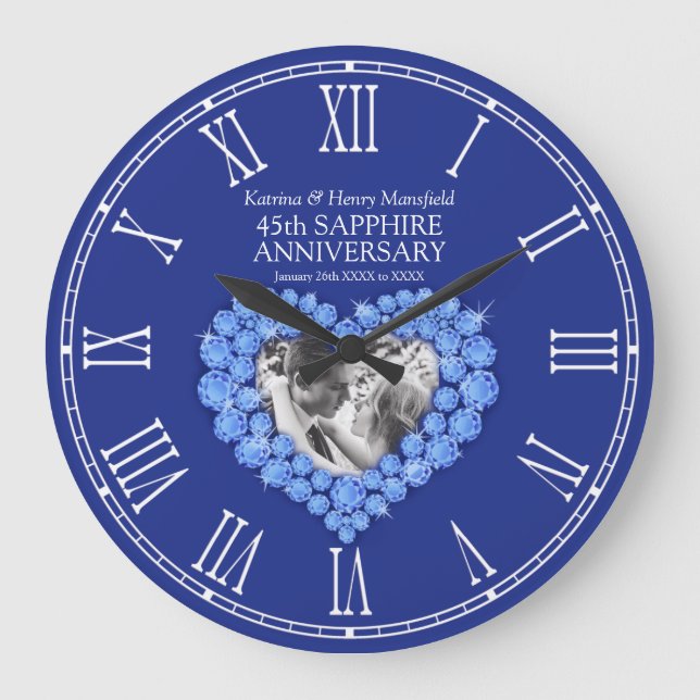 Sapphire blue Foto Herzens 45. Hochzeitstag Große Wanduhr (Vorderseite)
