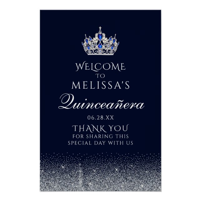 Sapphire Blue Glitzer Quinceanera Begrüßungszeiche Poster (Vorderseite)