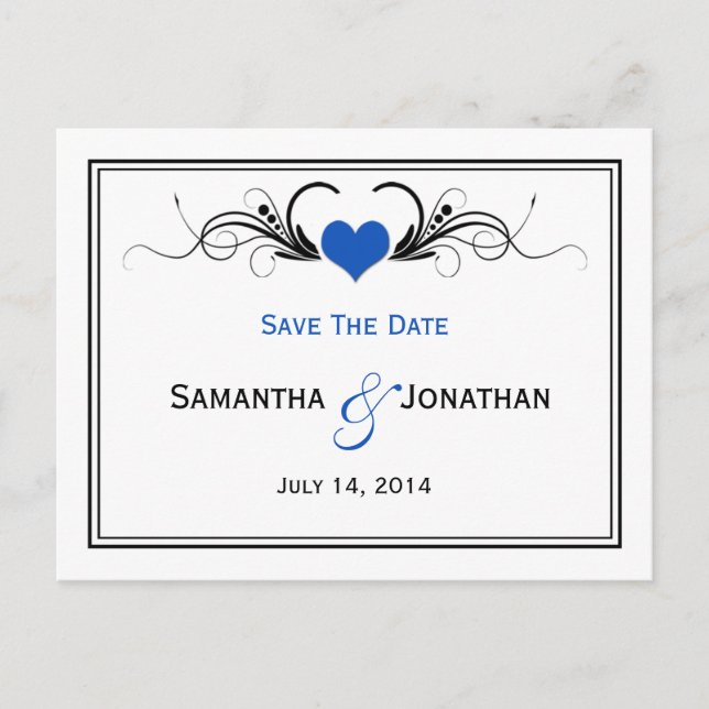 Sapphire Blue Heart Black Wirbel Save the Date Ankündigungspostkarte (Vorderseite)
