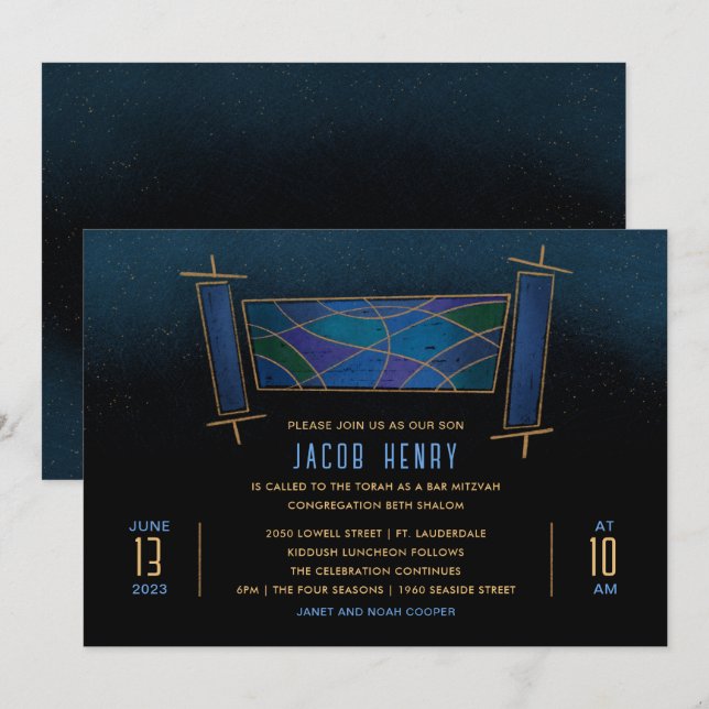 Sapphire Blue Mosaic Torah Scroll Bar/Bat Mitzvah Einladung (Vorne/Hinten)