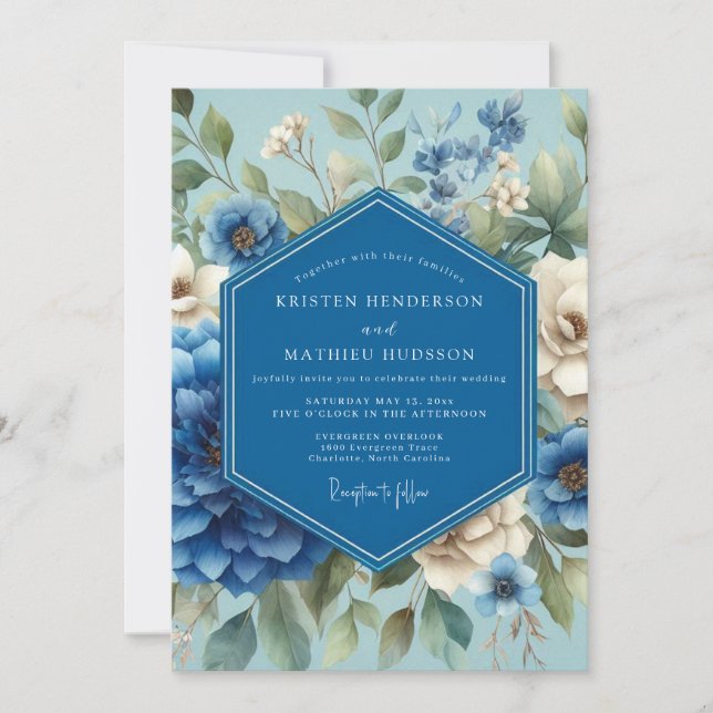 Sapphire Blue Painterly Bloom Wedding Einladung (Vorderseite)