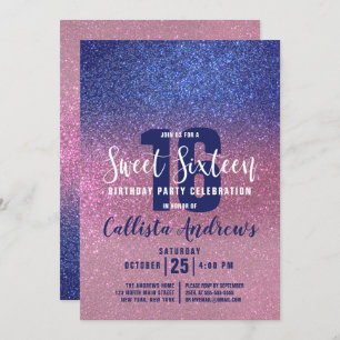 Sapphire Blue Pink Triple Glitzer Ombre Sweet 16 Einladung