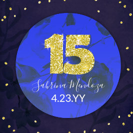 Sapphire Blue Quinceanera Gold #15 Round Sticker
