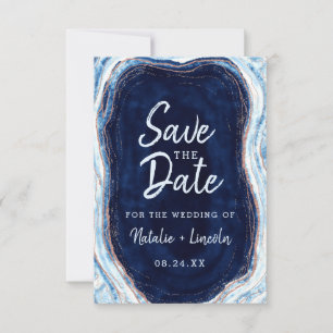 Sapphire Blue Rose Gold Geode Agate Marble Moderne Save The Date