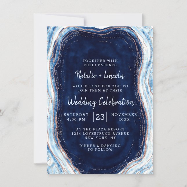 Sapphire Blue Rose Gold Geode Agate Marble Wedding Einladung (Vorderseite)