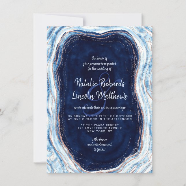 Sapphire Blue Rose Gold Geode Agate Marble Wedding Einladung (Vorderseite)